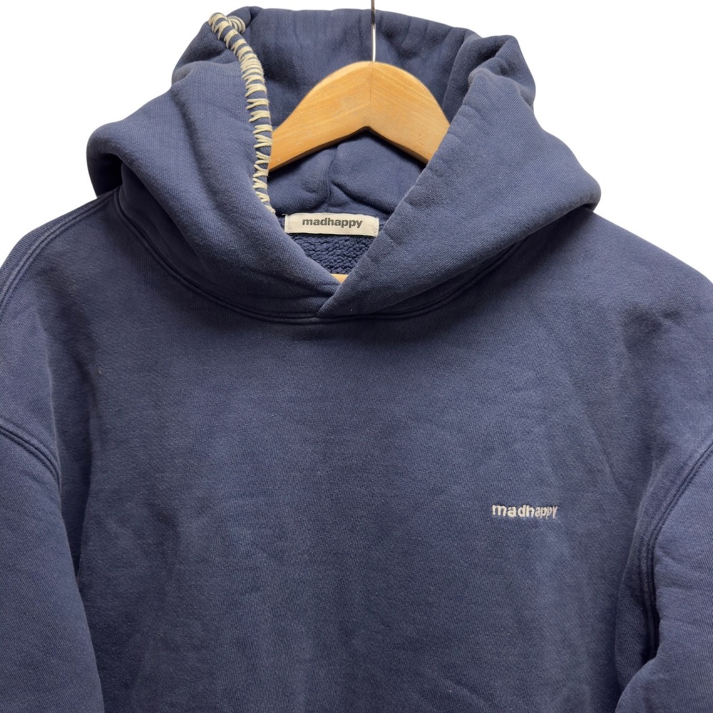 Madhappy Men's Large Navy Heavyweight Hoodie Sweatshirt Blanket Stitch Logo euc